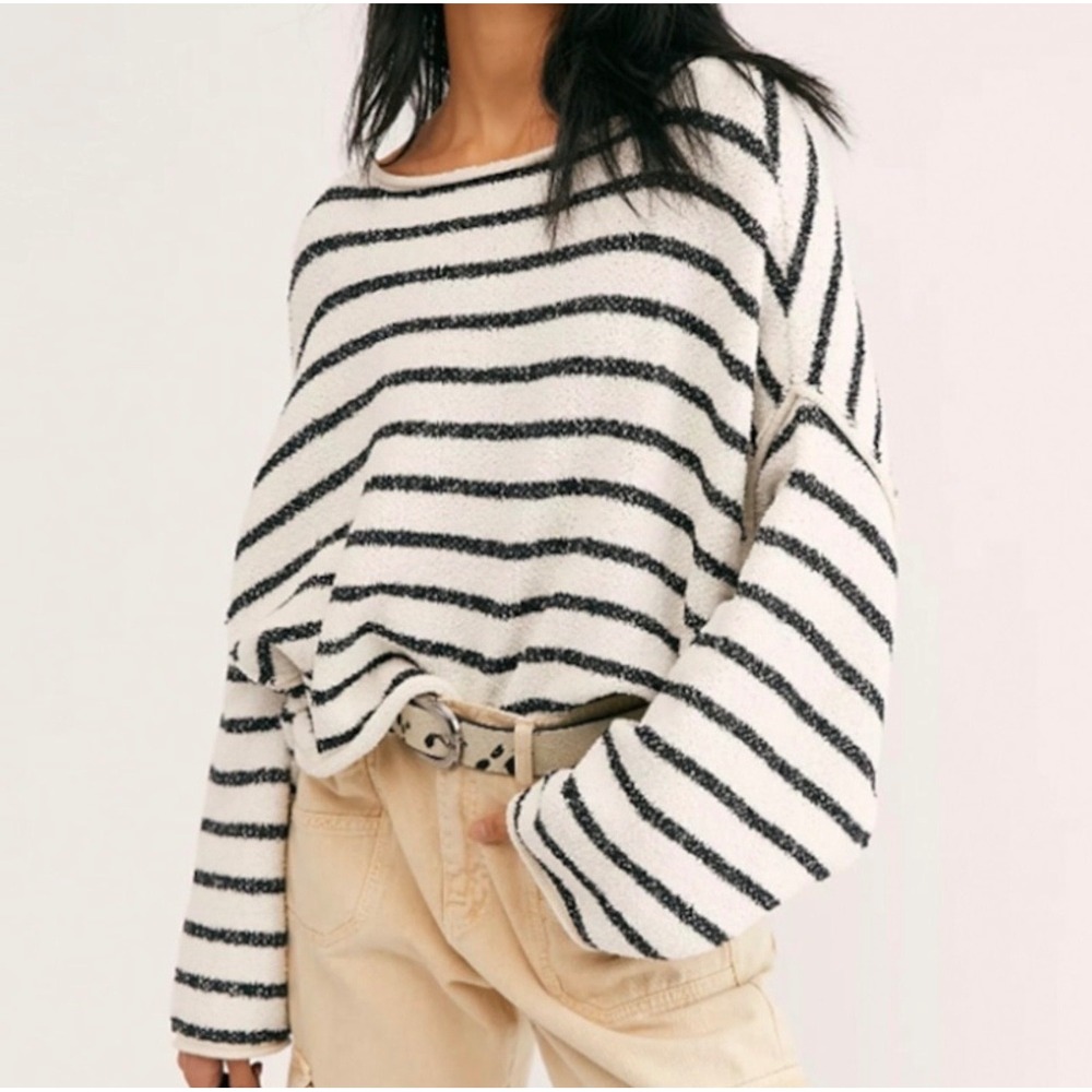 Free People Bardot Sweater Black
White Stripe Slouchy Size Medium